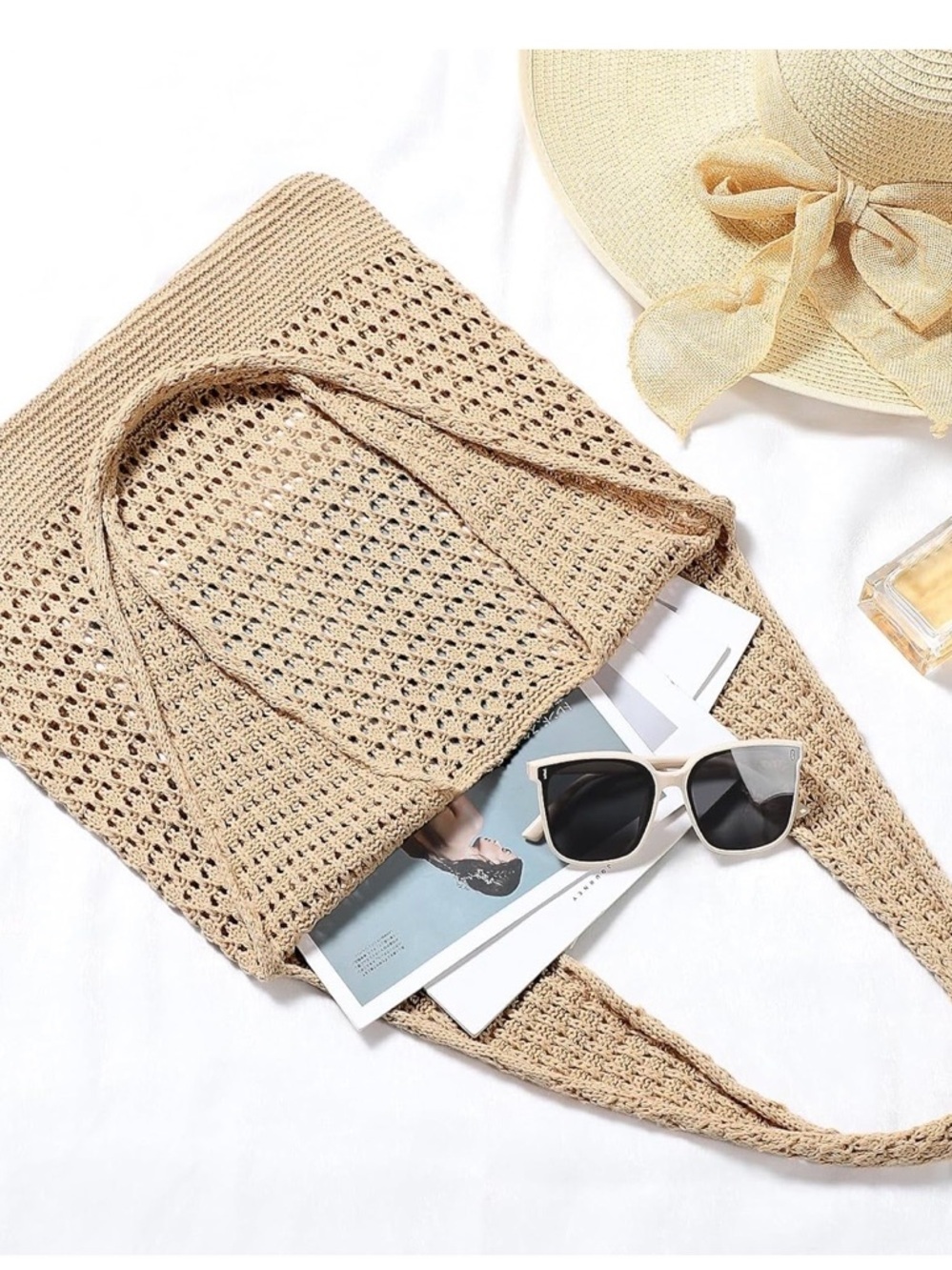 Beige Crochet Tote Bag - Lightweight Summer Shoulder Bag
